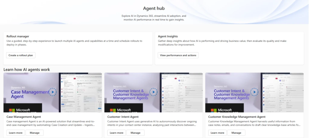 Dynamics 365 Agent hub homepage 