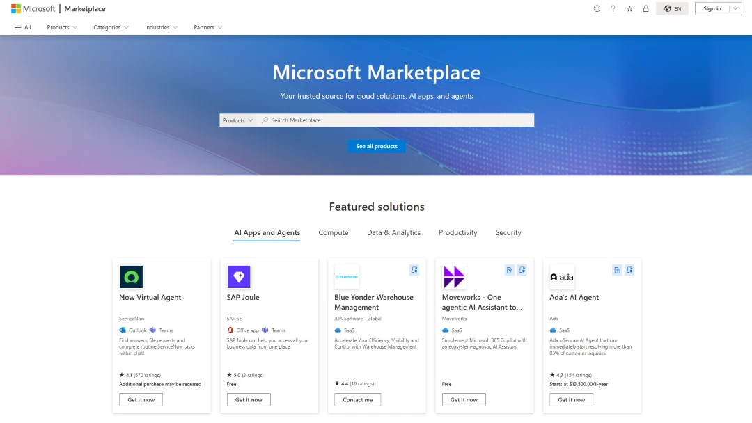 Screenshot of Microsoft Marketplace dashboard