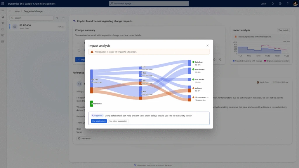 Supplier Communications Agents in Dynamics 365 Supply Chain Management showing impact analysis