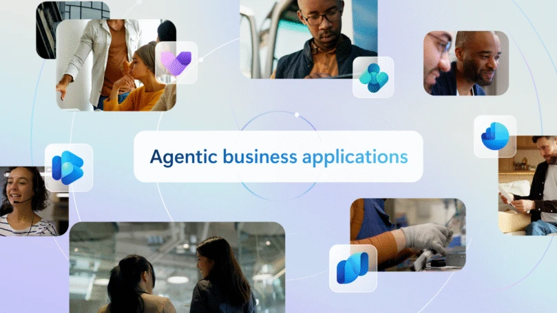 Collage of images with the text "Agentic business applications' in the center.