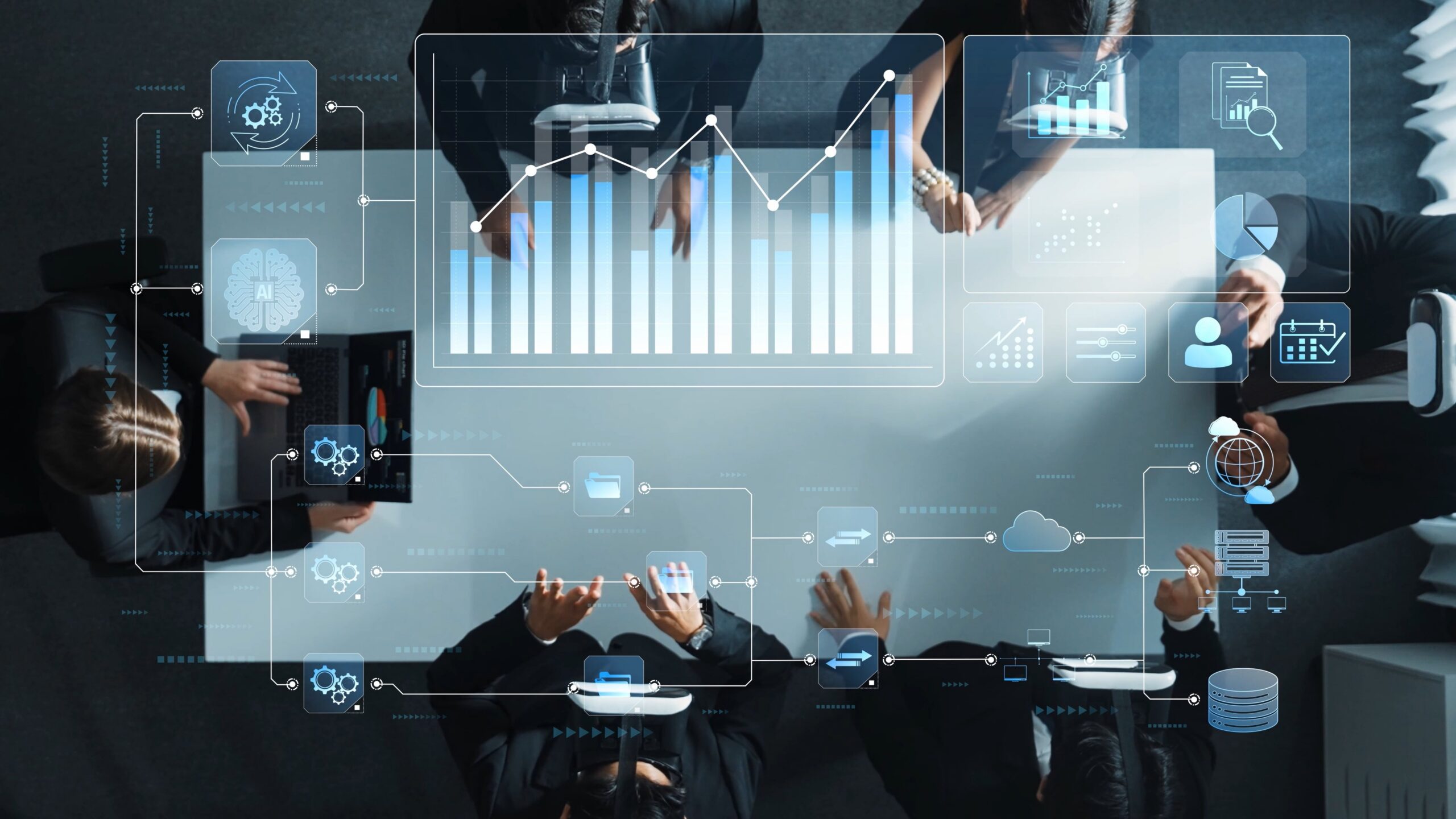 A dynamic business team collaborates in a modern office, analyzing data trends and reports with digital interfaces and graphs overlaying the scene, emphasizing teamwork and strategy. Raster