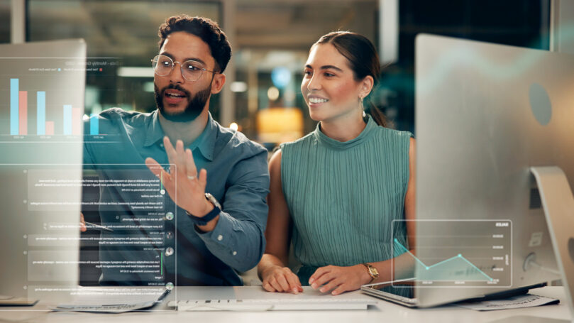 Stock exchange, talk or business people with computer for data analysis, late market research or teamwork. Investment growth, pc or brokers with overlay for trade choice, charts or graphs at night.