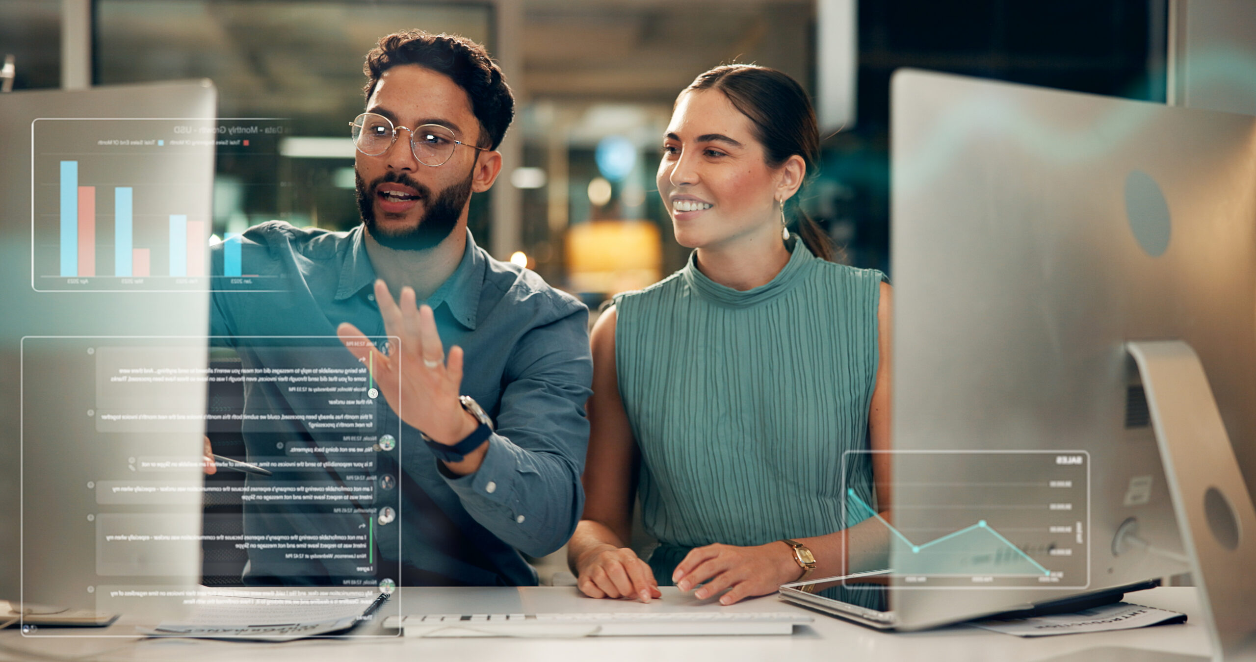 Stock exchange, talk or business people with computer for data analysis, late market research or teamwork. Investment growth, pc or brokers with overlay for trade choice, charts or graphs at night.