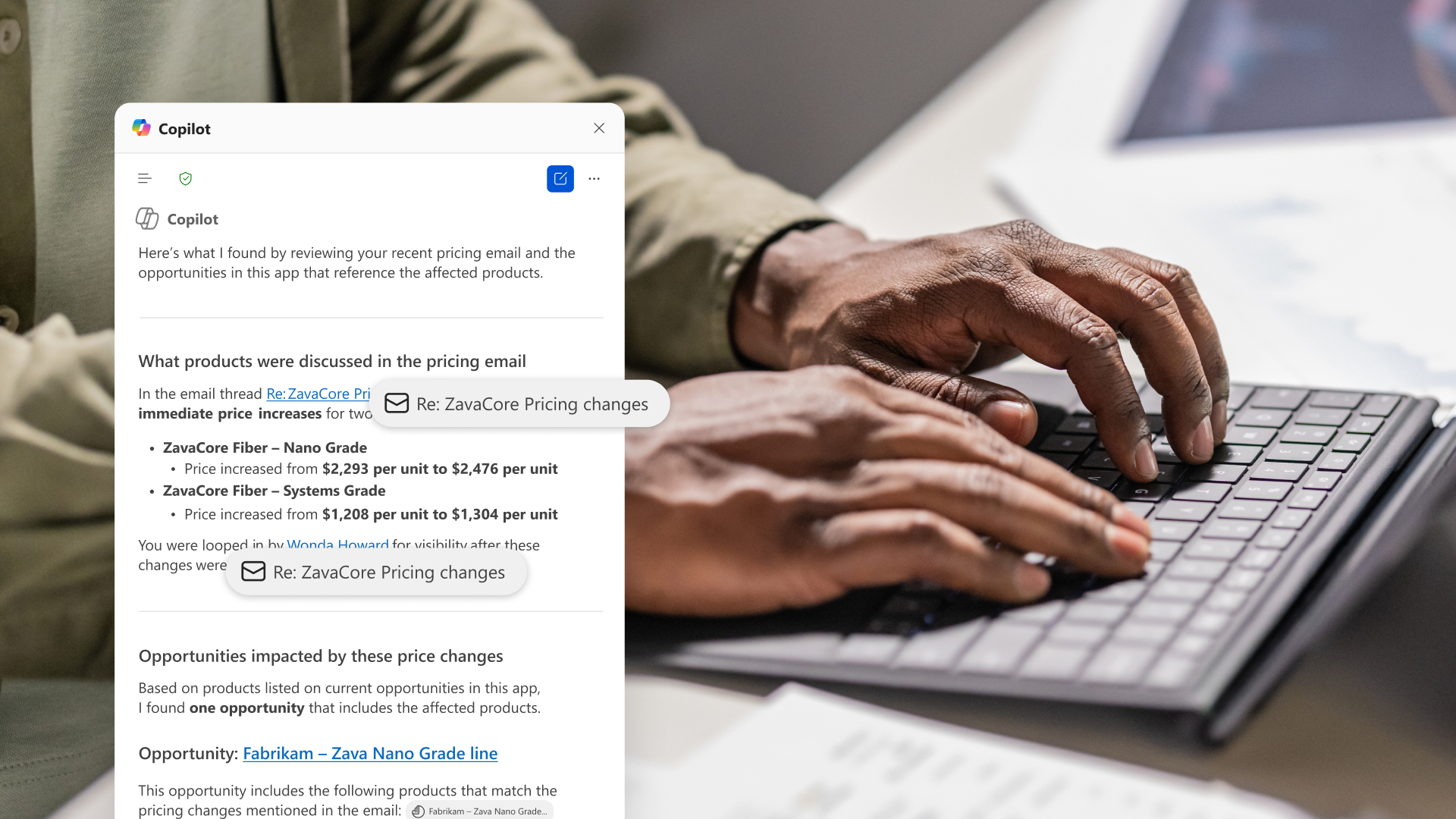 Person typing on a keyboard with a Copilot product UI screenshot on the side.