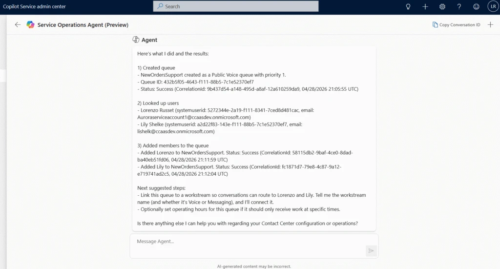 Service Operations Agent  in Dynamics 365 Contact Center