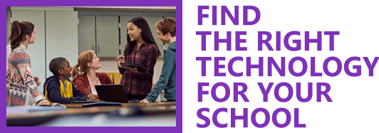 Graphic depicting students in a classroom with the text 'Find the right technology for your school'.