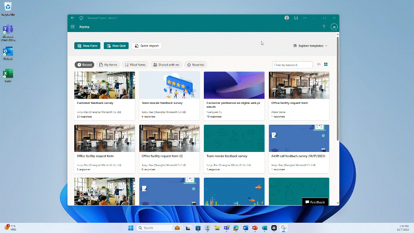 GIF showing the process of importing a file into Forms to create an online quiz: the user opens Forms, selects the import option, uploads a document and sees the content auto-populate into quiz questions.