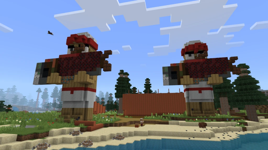 Representation of a coastal Indigenous community in A Pacific Northwest Coast Experience in Minecraft Education.