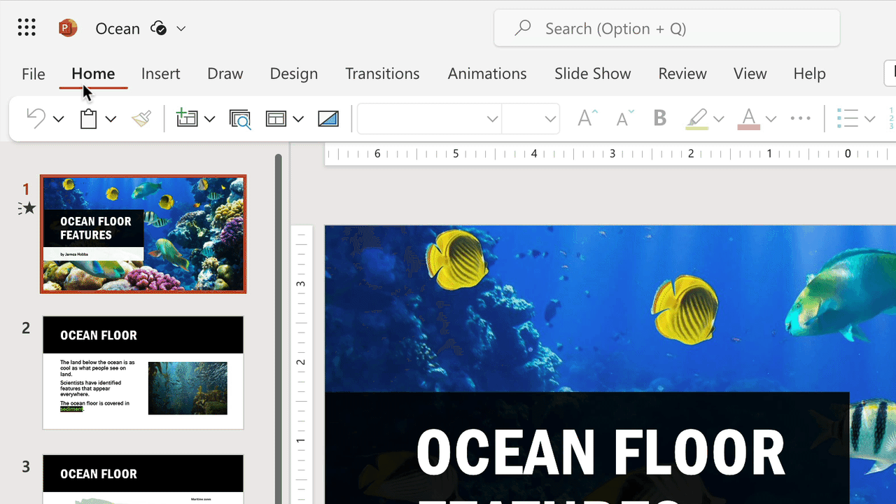 GIF. Selecting Rehearse with Coach to use Speaker Coach in PowerPoint.