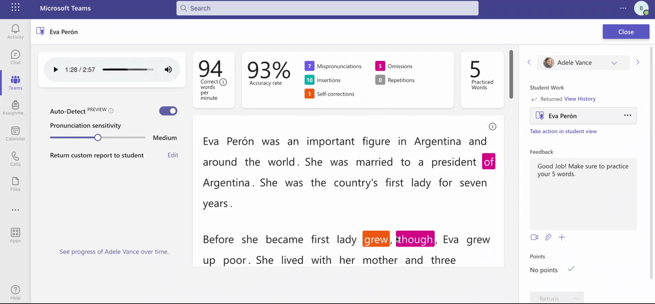 GIF. Educator view of the Reading Progress dashboard for an individual student.