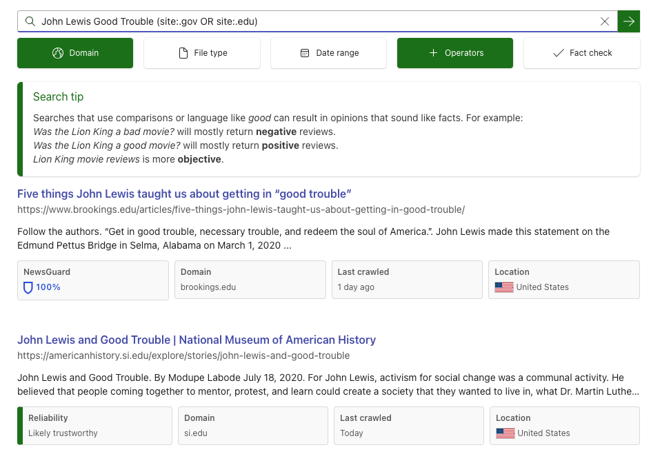 Student view of Search Coach query about “John Lewis Good Trouble,” including a list of results and search tips.