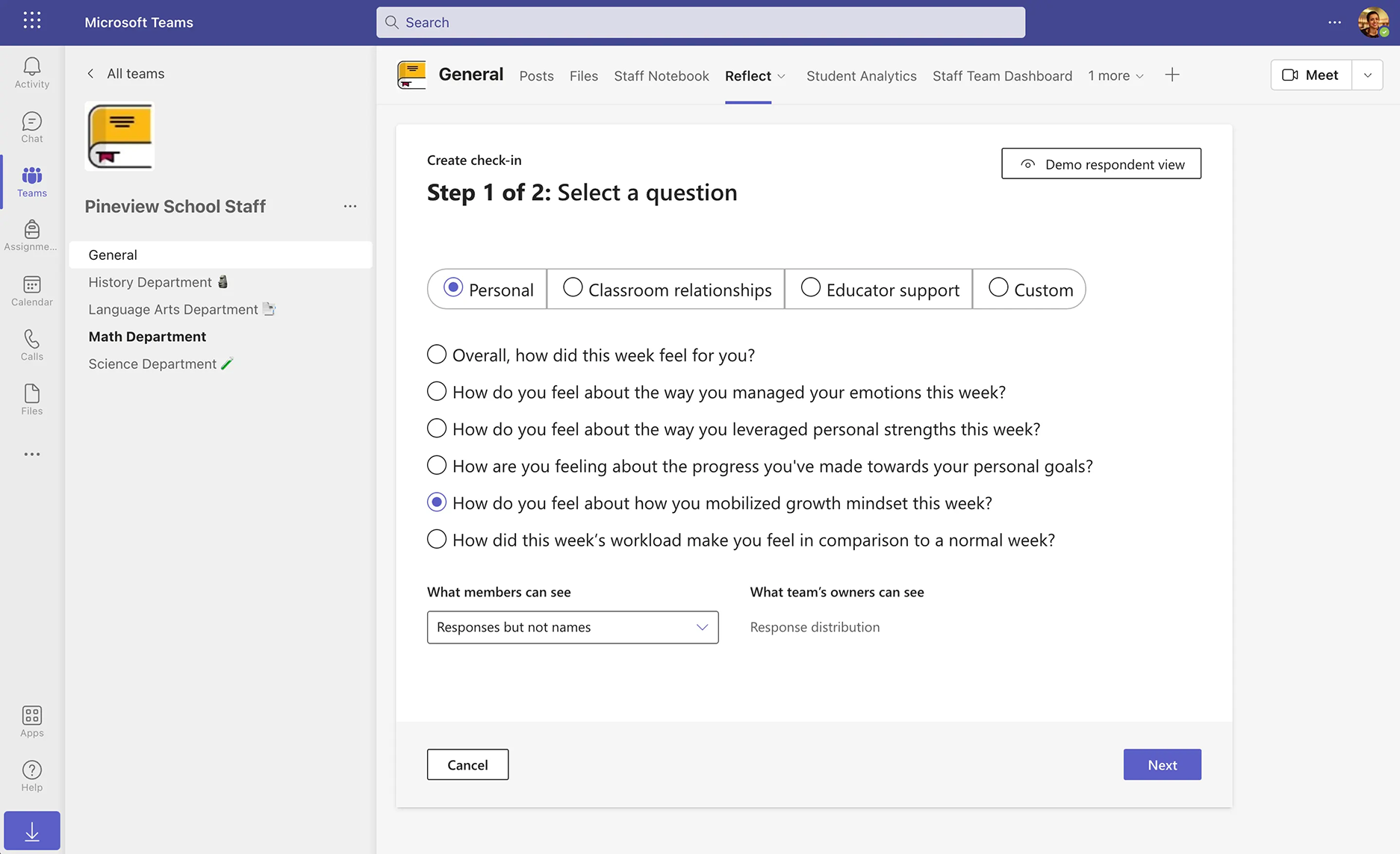 Screenshot of Microsoft Teams staff check-in questions.