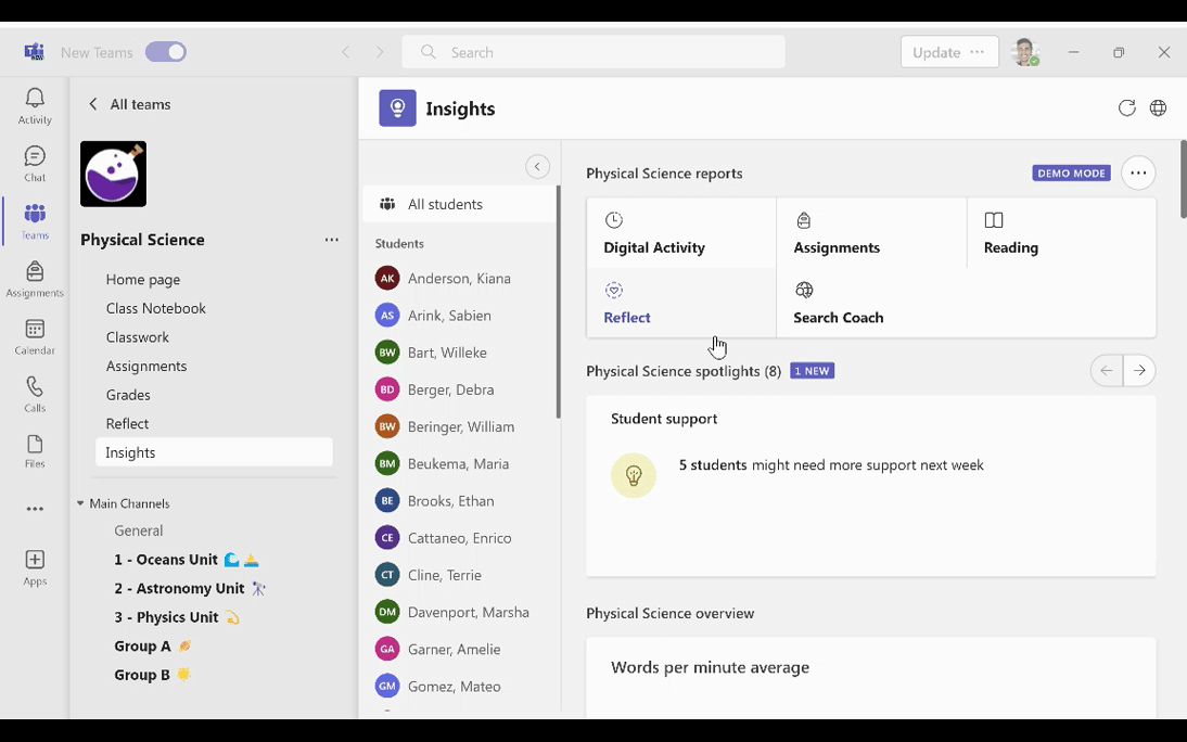 GIF. Teacher interface for reviewing Reflect check-in trends in Microsoft Teams.