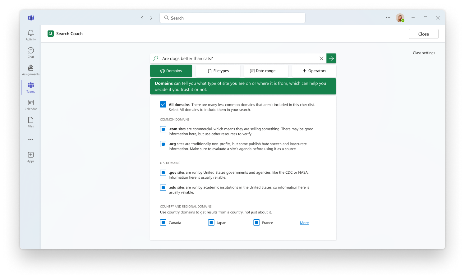 Search Coach student interface for filtering search queries, including domain options, filetypes, date range, and operators.