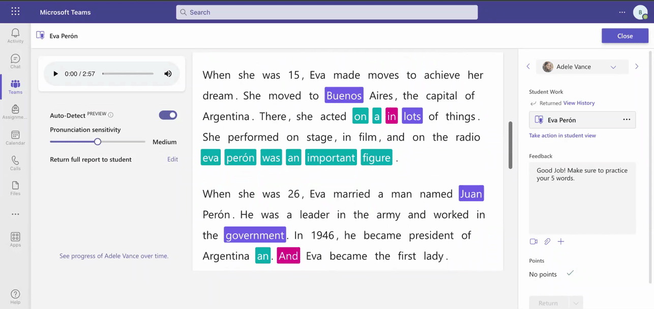 Insights for Reading progress showing student progress and data over time.