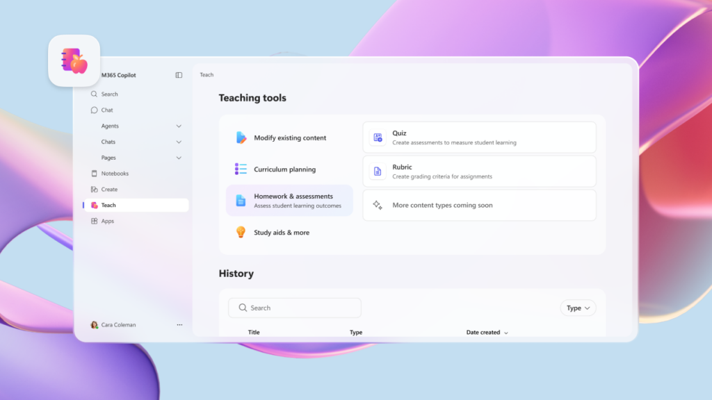 The Teach functionality in the Microsoft 365 Copilot app, showing options for modifying content, curriculum planning, and more.