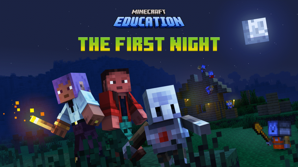 Block characters working together to solve puzzles in the Hour of AI world, "The First Night," from Minecraft Education.