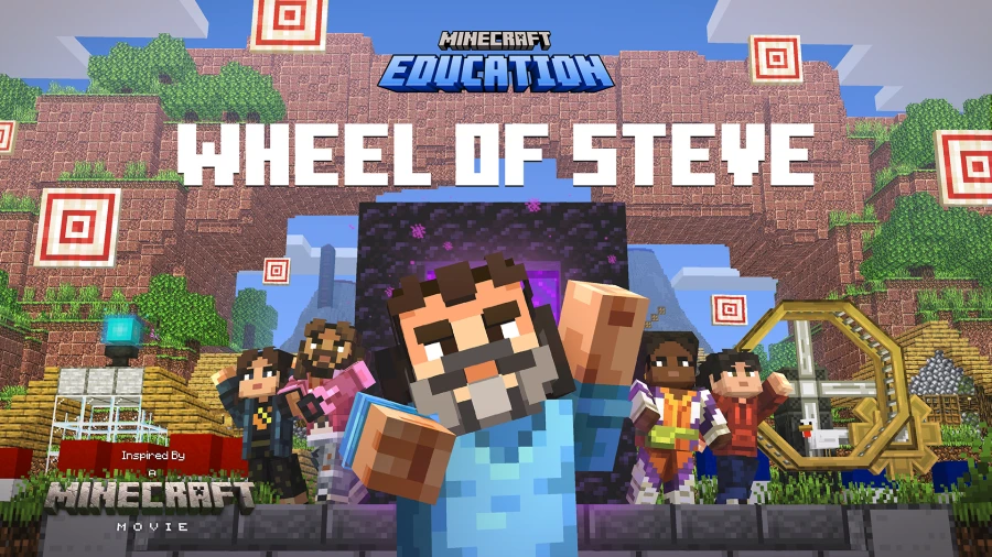 A Minecraft scene featuring five Minecraft characters. It says Wheel of Steve, inspired by A Minecraft Movie and includes the Minecraft Education logo.