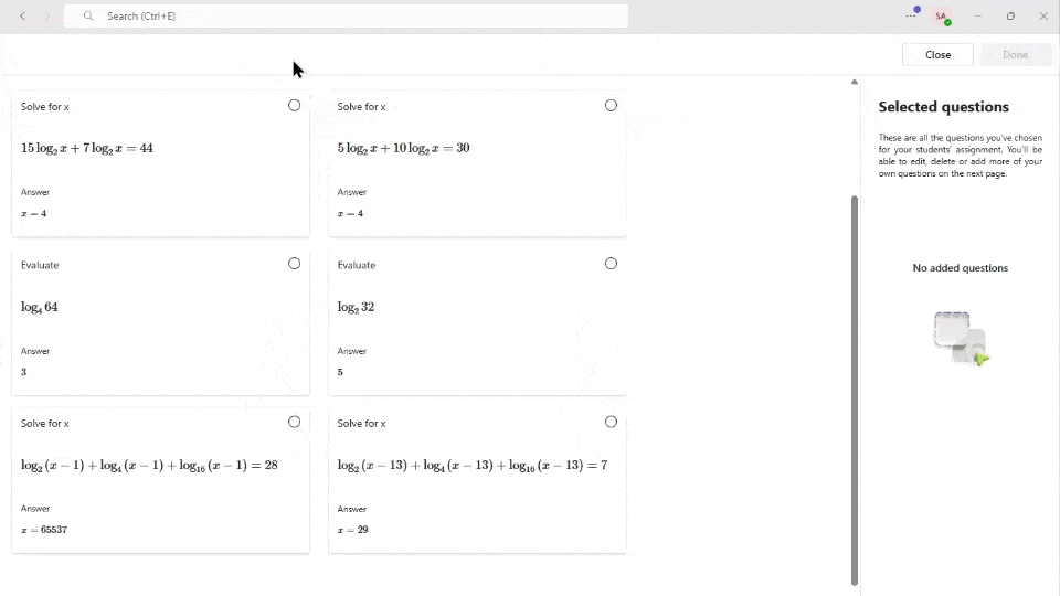 Educator view in Math Progress showing how to select automatically generated Algebra questions and remove items from the selected questions list.