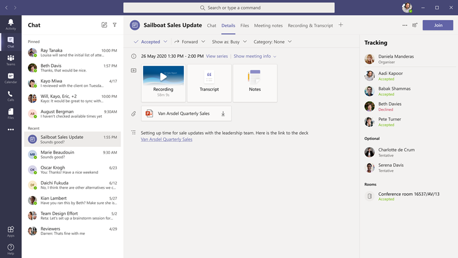 A screen shot showing meeting recap in Microsoft Teams.