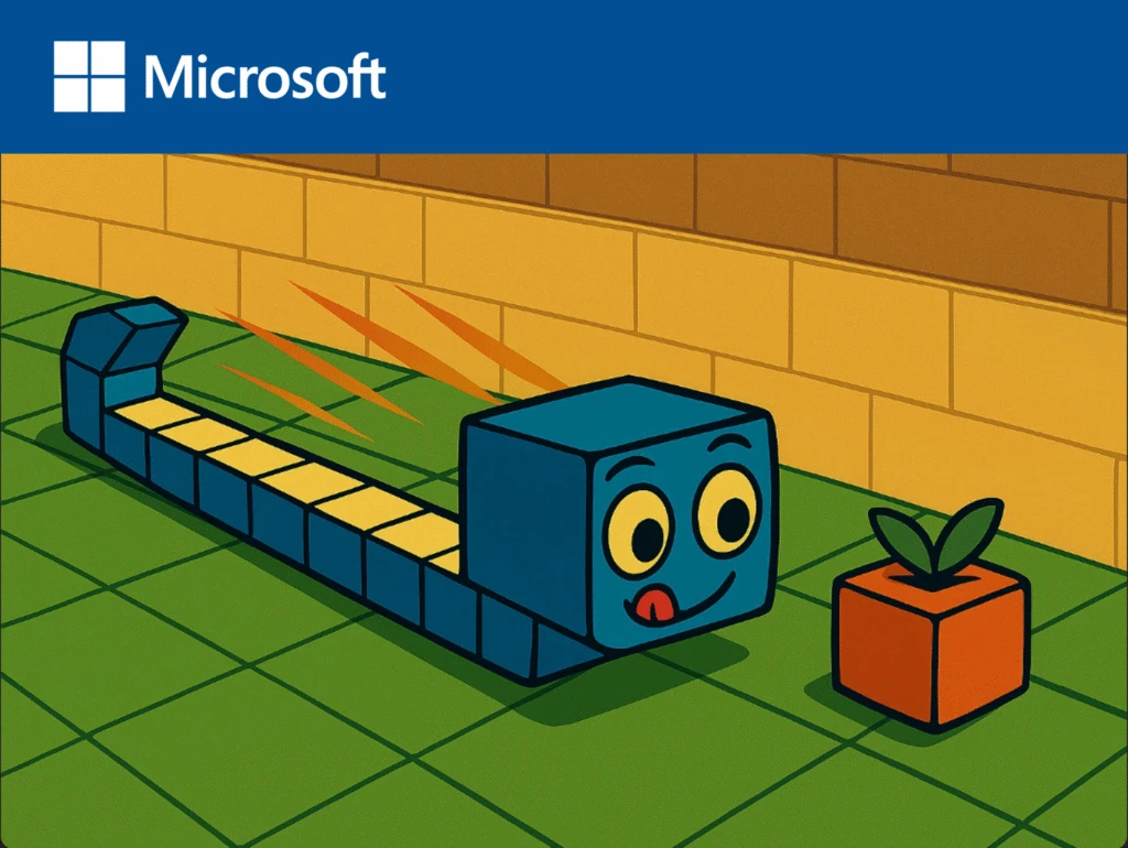 Blue cube video game snake on green background, with the Microsoft logo in the upper left corner.