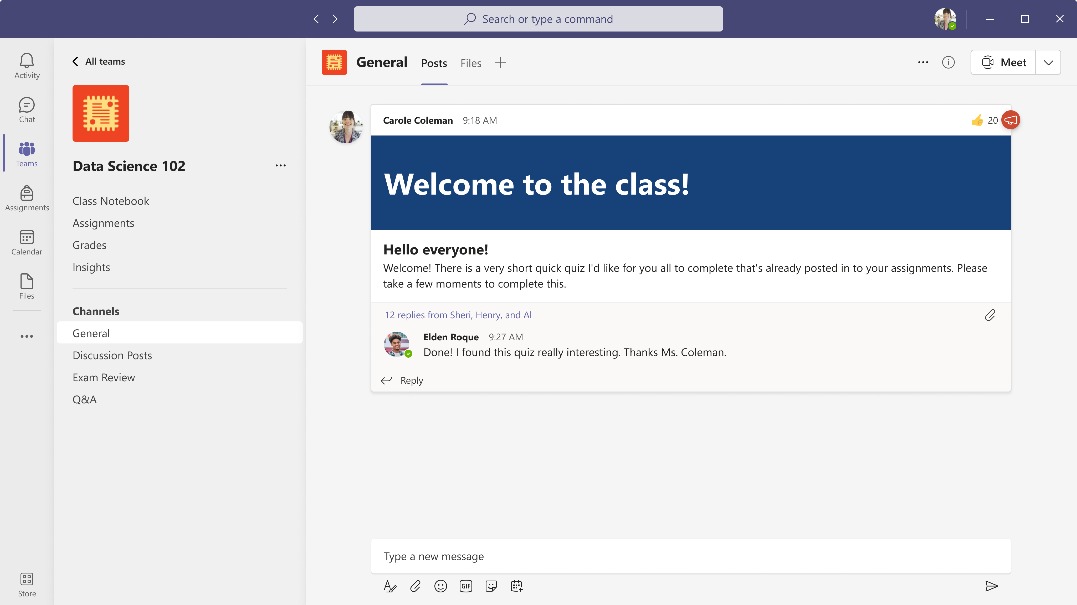Microsoft Teams for Education interface showing navigation.