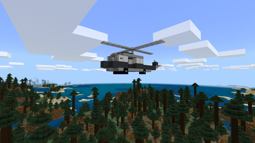 A helicopter flies above a forest in Minecraft: Education Edition.