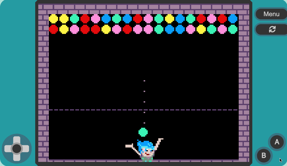Decorative. A character from Disney and Pixar’s Inside Out 2 movie popping colorful bubbles at the top of the screen in a MakeCode Arcade game.