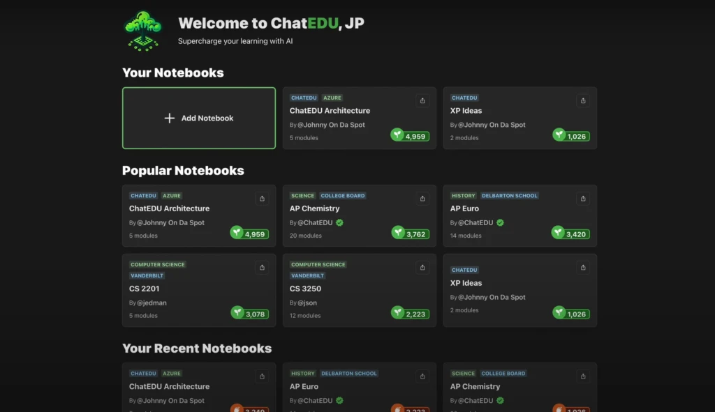 ChatEDU notebook showing personalized study guides, multiple-choice tests, long answer formats, and context-driven sessions.