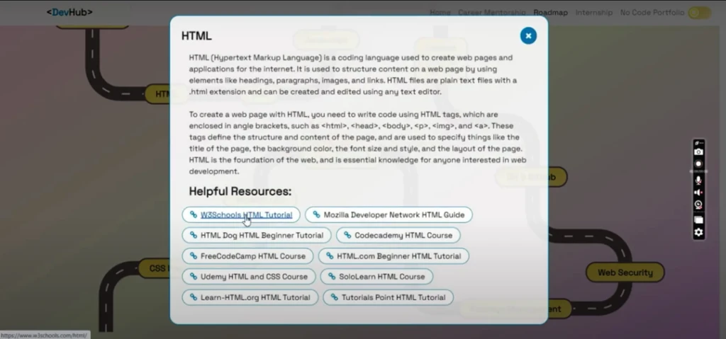 DevHub pop-up displaying HTML description and links to helpful resources.