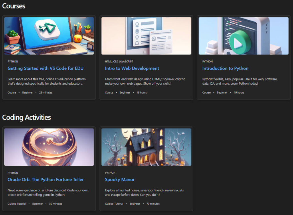 VS Code for Education catalog of courses.