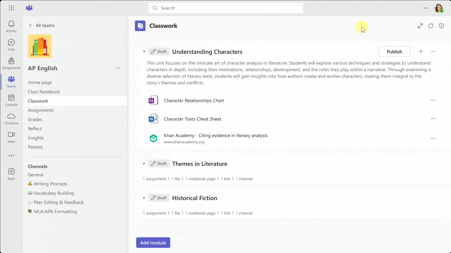 Decorative. An example of guided content generation in Microsoft Teams for Education.