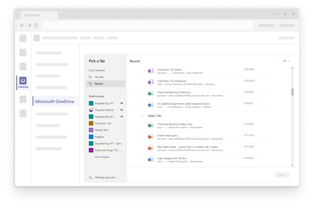 Screenshot of Microsoft OneDrive interface, showing recent files and quick access options in the sidebar.