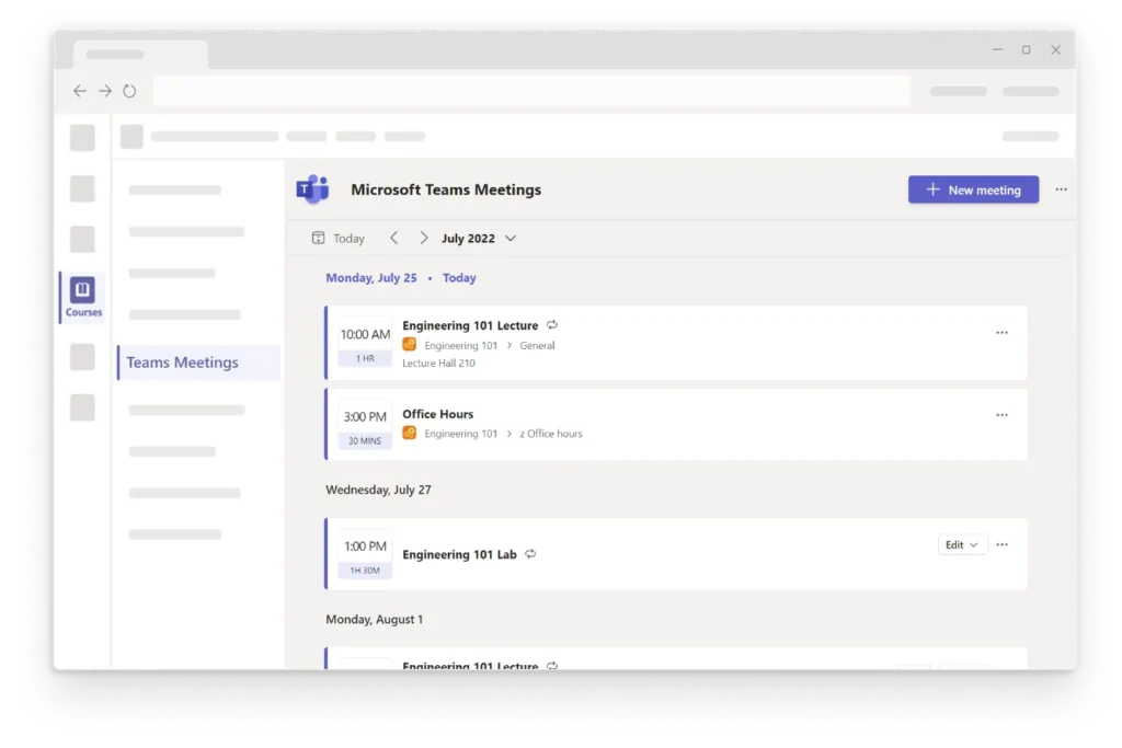 Screenshot of the Microsoft Teams Meetings interface, showing upcoming meetings for the week. 