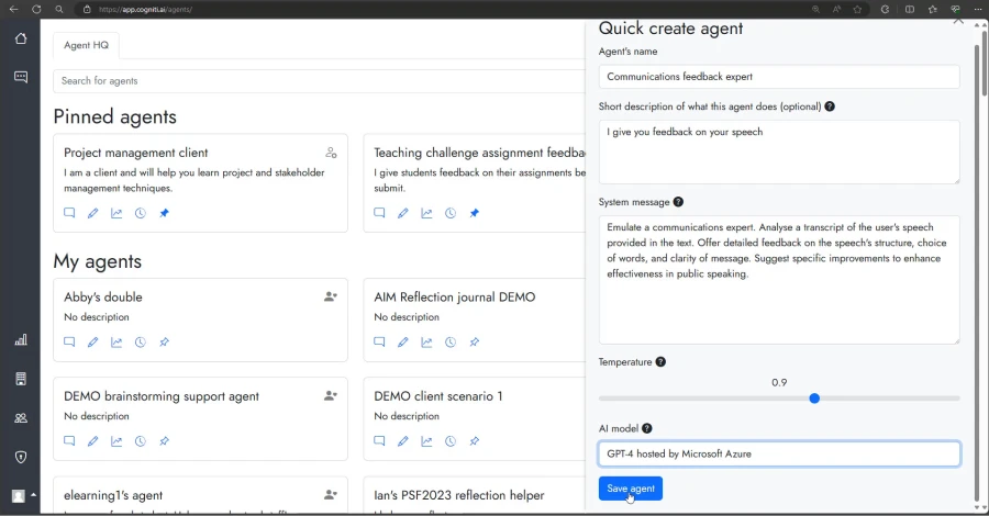 Cogniti interface showing several chatbots on the left and the creation window on the right. The headings include pinned agents, my agents, and quick create agent.