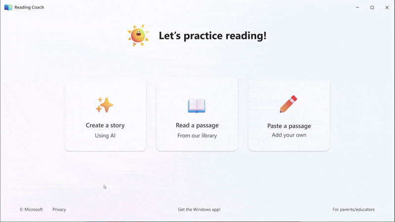 Decorative. Options for choosing the main character, location, and reading level for an AI-generated story in Reading Coach.