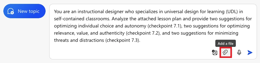 Decorative. Copilot interface showing the Add a file button to include a document in a Copilot prompt. The button shows a paperclip icon.