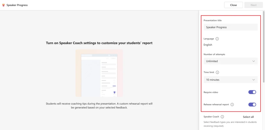 Decorative. Speaker Progress dashboard for customizing a public speaking assignment. Options include language, number of attempts, time limit, video requirement, and releasing the rehearsal report to students.