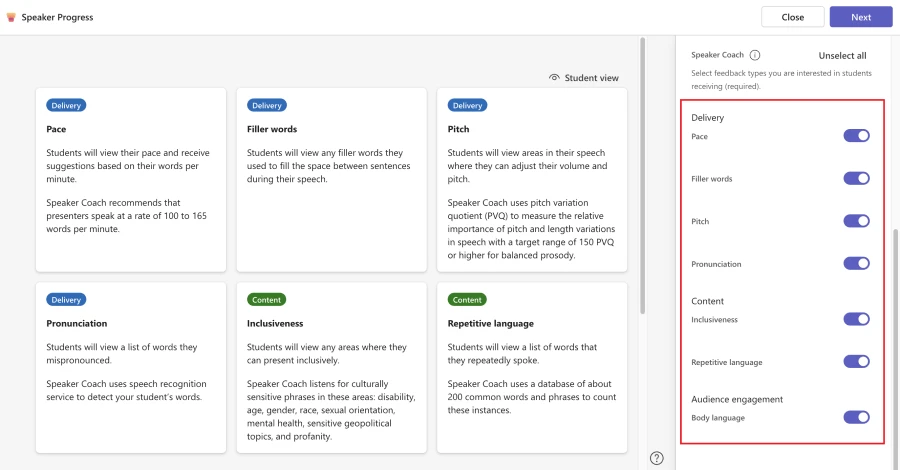 Decorative. Speaker Progress dashboard for choosing the type of feedback to be given to. Options include feedback on delivery, content, and engagement.
