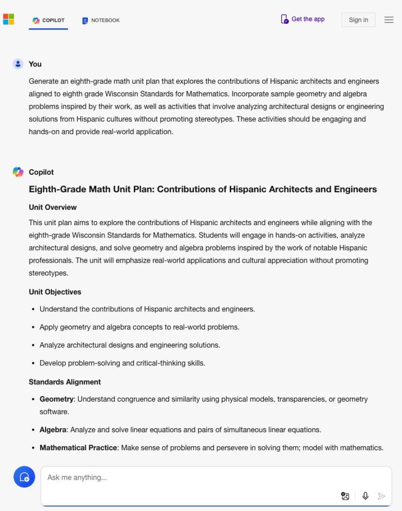 Decorative. Copilot interface showing a sample prompt and response for an eighth-grade math unit plan for Hispanic Heritage Month that explores the contributions of Hispanic architects and engineers.