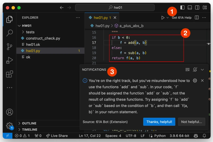 Decorative. Example of the 61A-Bot chatbot U I showing a hint to an assignment exercise.