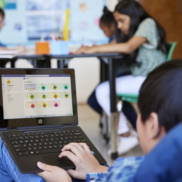 Decorative. A student uses a laptop in a classroom while other students work at tables in the background.