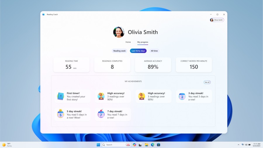 Easy-to-track information and digital badges encourage readers to continue practicing with Reading Coach.