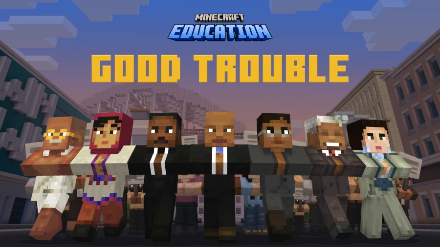 Minecraft characters march together in a scene promoting unity and activism. It says Minecraft Education Good Trouble.
