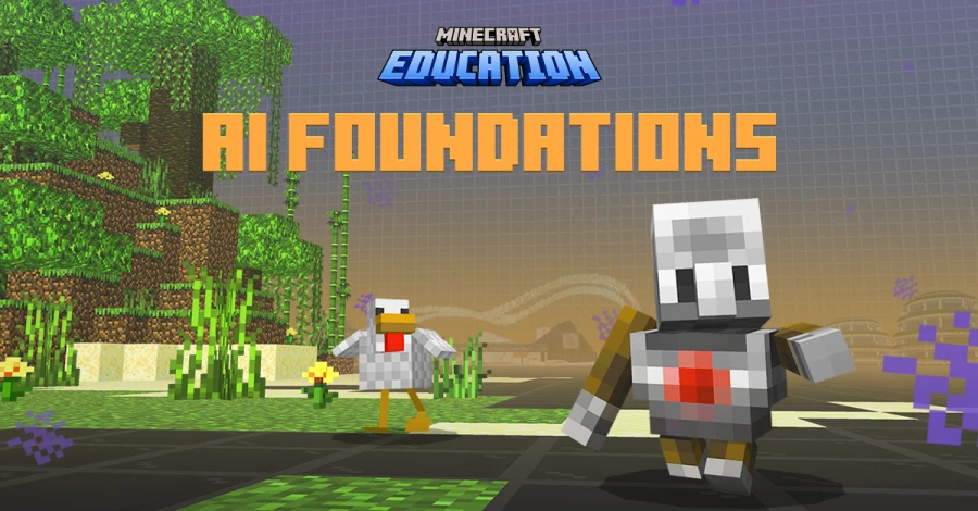 Minecraft block-style duck and agent walking through a wooded area. It says “Minecraft Education AI Foundations”