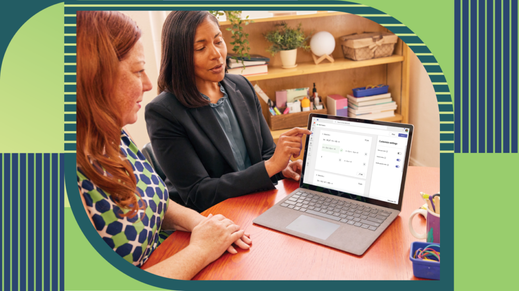 Two educators sitting together and reviewing a student’s Math Progress assignment.