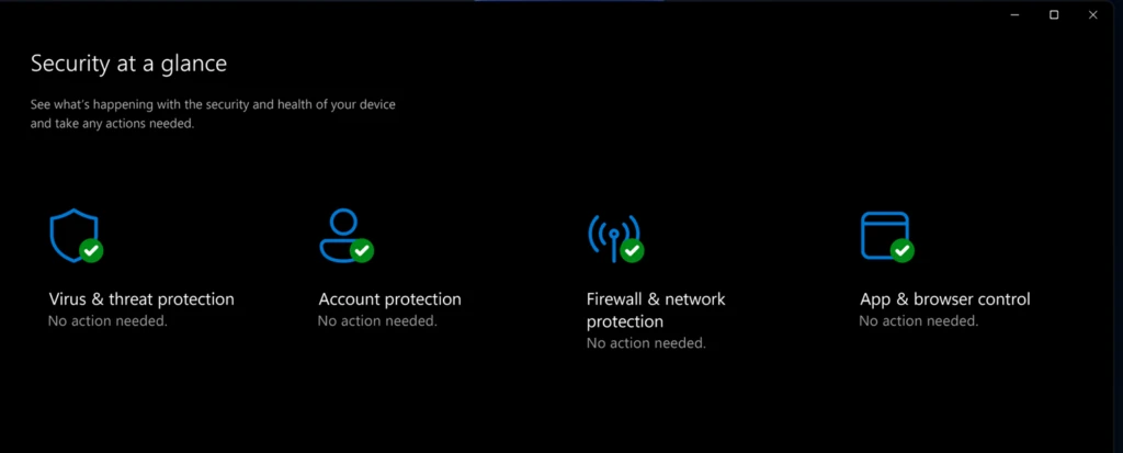 Windows 11 Security dashboard showing &lsquo;Security at a glance,&rsquo; including virus and thread protection, account protection, firewall and network protection, app and browser control, and more.