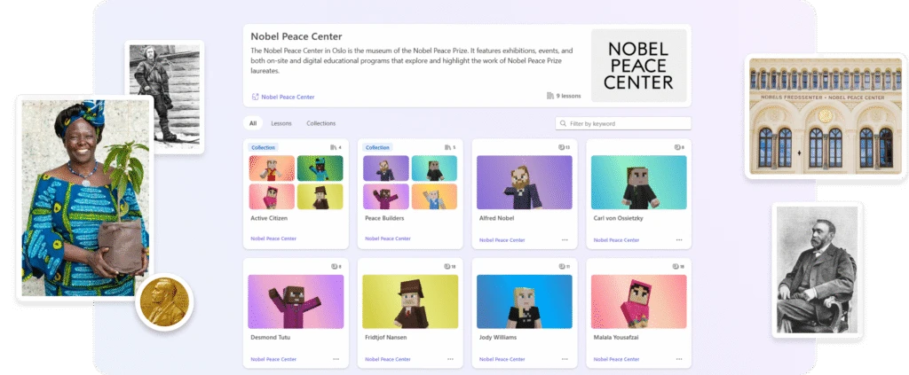 Screenshot of the Microsoft Learning Zone app&rsquo;s section with content from the&nbsp;Nobel Peace Center.