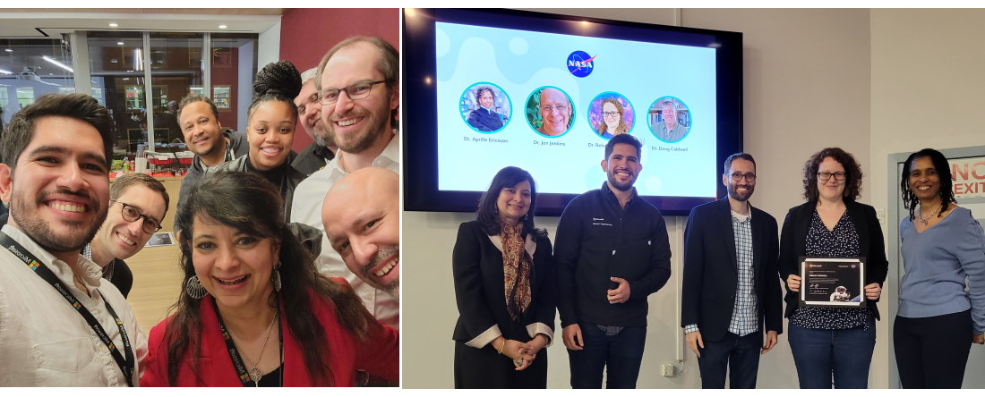 Mission control pauses for a selfie. Clockwise from left: Lopez, Kitay, Wade, Pearson, Mack, Azure Space Sr. Data Scientist Taylor Corbett; Ghose; Azure Space Principal Software Engineering Manager David Weinstein.
