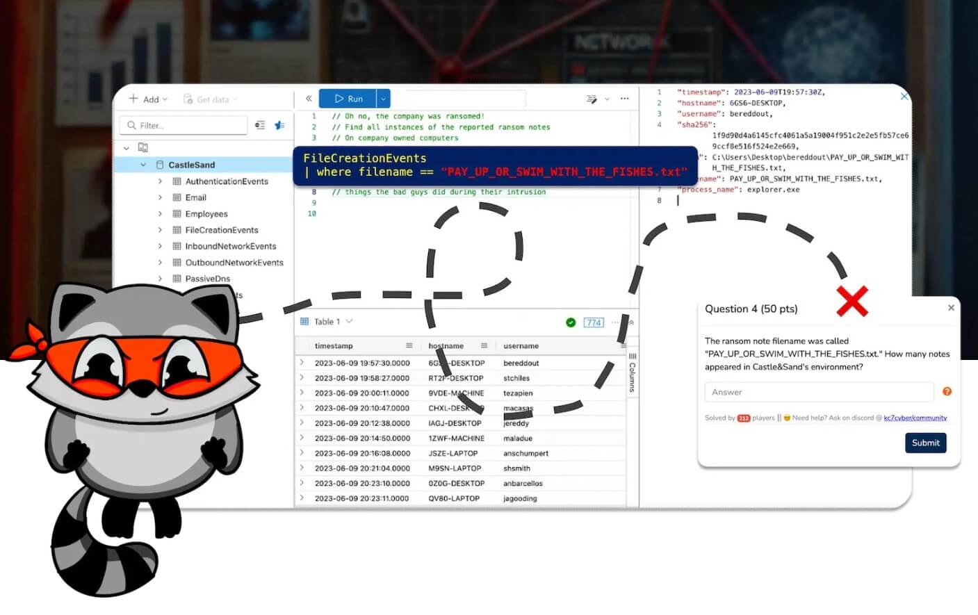 image of the KC7 game showing a cartoonized raccoon character learning cybersecurity in a developer environment.